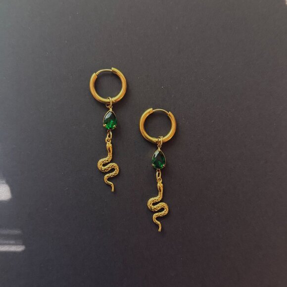 Gold Snake Cottagecore Green Tear Drop Earrings Huggie Hoop Serpent Fairycore - Picture 2 of 6